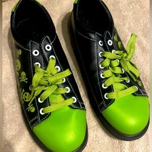 Lime green Pyramid brand, skull bowling shoes with protective covers